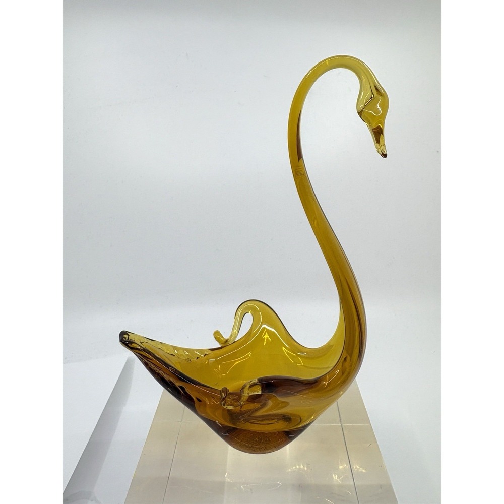 Vintage Amber Murano Italian Glass Art Elegant Dainty Swan Dish Read*